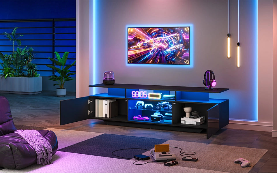 Mobile porta TV con LED e 2 ante, 8 vani contenitore e ripiani in vetro, per soggiorno, in MDF, nero, 160 × 40 × 45 cm