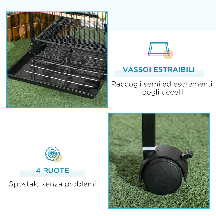 Gabbia Voliera per Uccelli per Interni 51,5x50x140 cm con Ruote e Vassoi Estraibili Nero