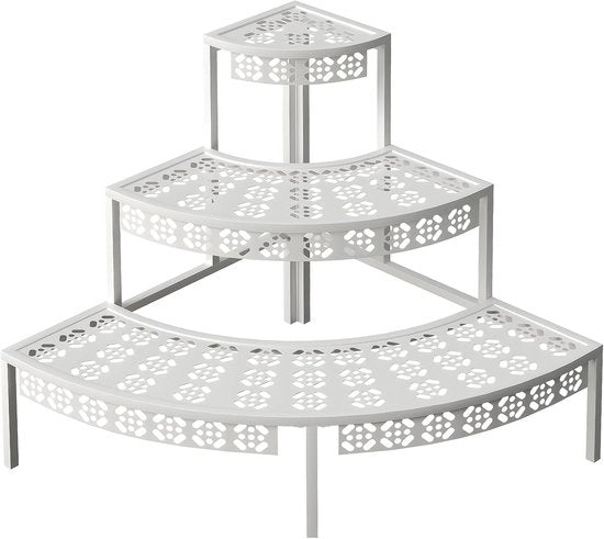 Trapezza metallica a tre livelli per piante, banco fiori, piattaforma per piante, piattaforma fiori, supporto per piante per balcone e giardino, interno e esterno, piattaforma fiori multifunzionale con grande capacità, rotonda, bianca