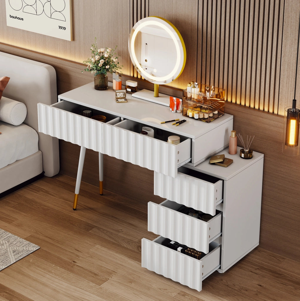 Toeletta 100x40x127 cm con specchio LED a tre colori; 5 cassetti; MDF e truciolare; bianco