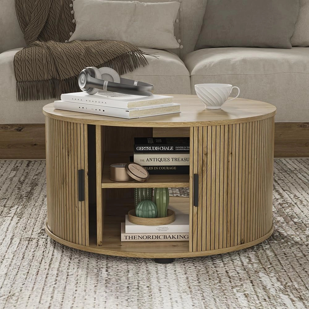 tavolino soggiorno Selva, Rovere, 80 x 80 cm con porta scorrevole, con funzione lift e piano del tavolo regolabile in altezza