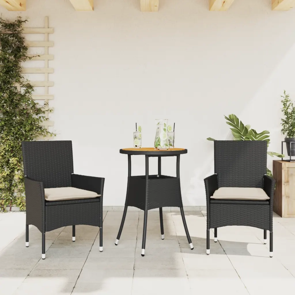 Set Pranzo da Giardino 3 pz | Set Salotto da Giardino con Cuscini Nero Polyrattan Acacia