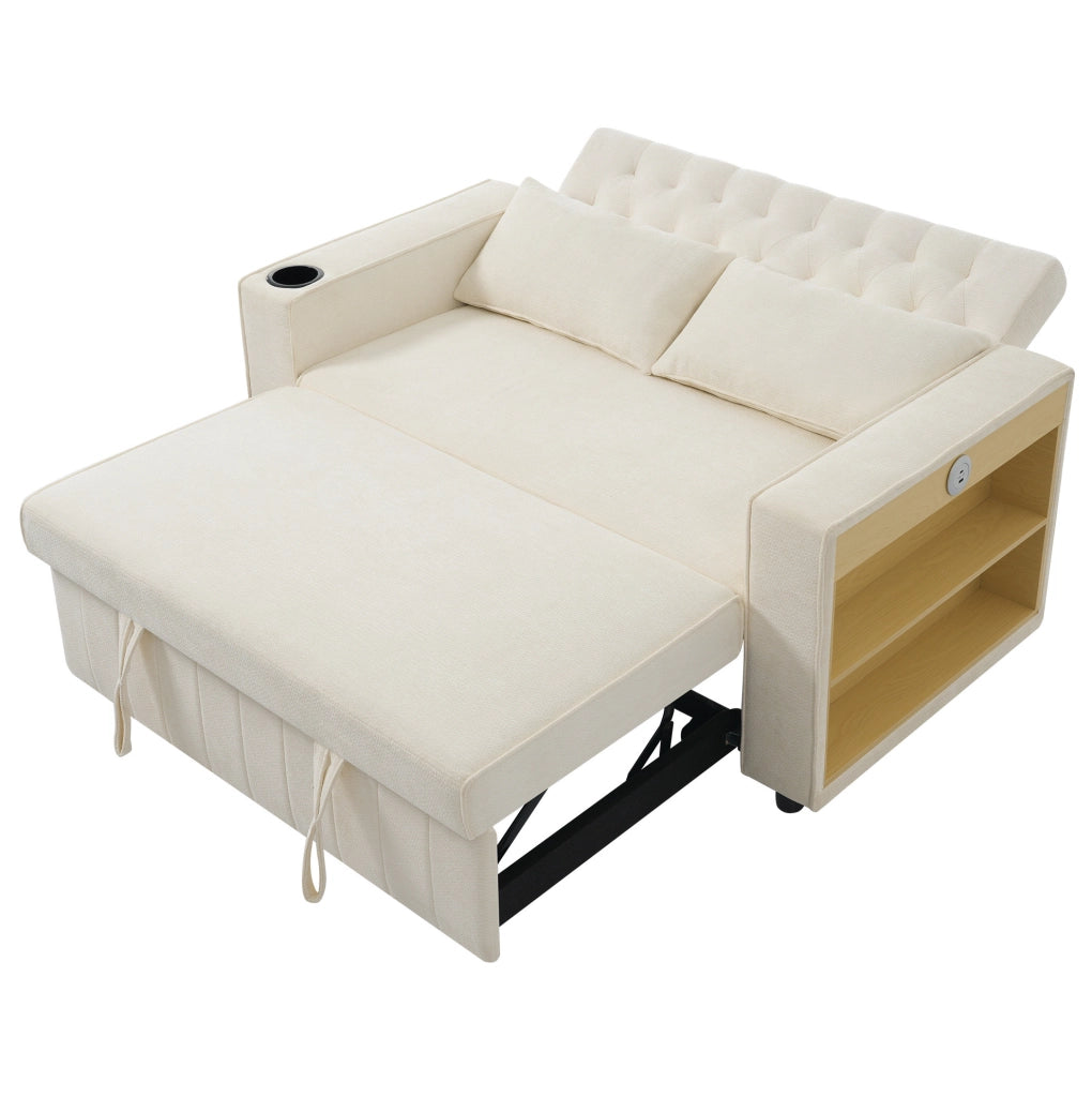 Divano letto 2 posti in chenille beige 140x137x84 cm con USB e schienale reclinabile