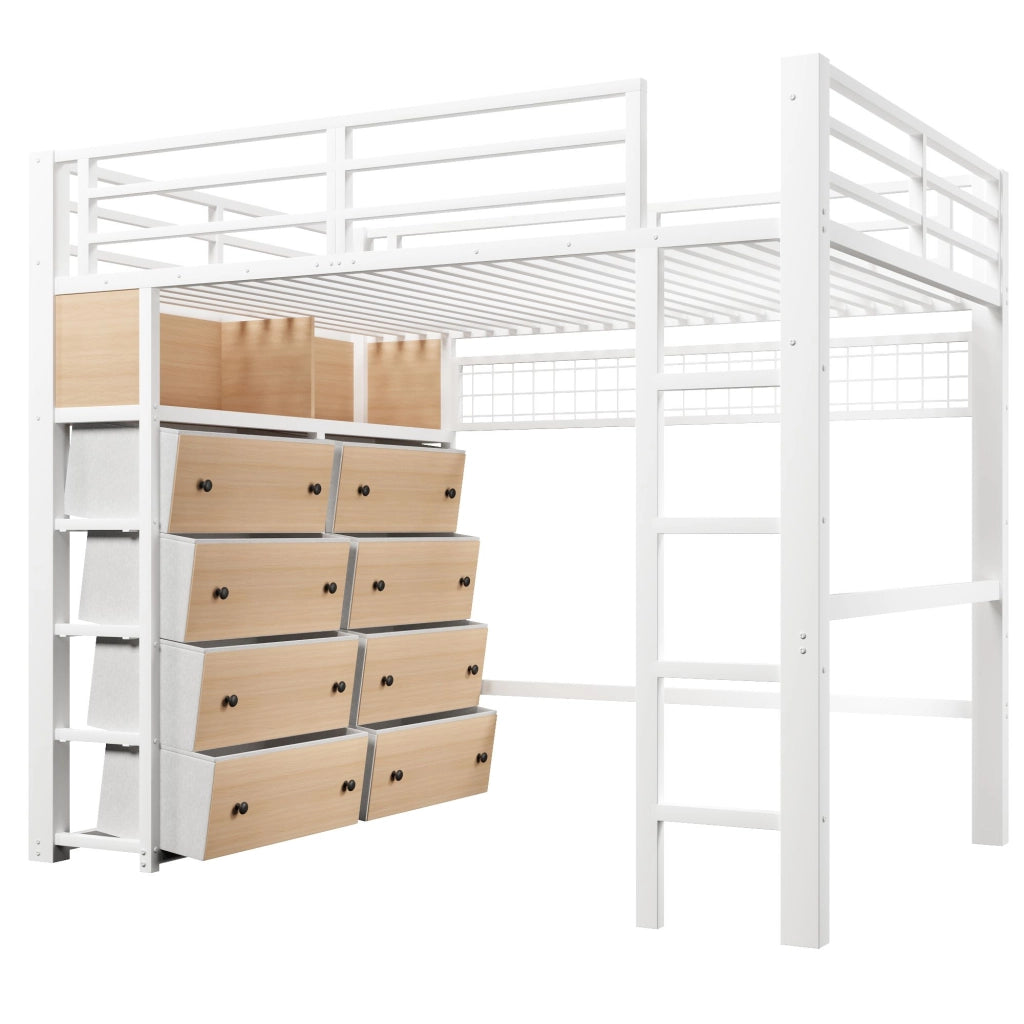 Letto a soppalco 140x200 cm, struttura in metallo, con 8 cassetti, illuminazione a LED, ripiani portaoggetti, bianco (senza divano)