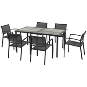 Set Tavolo e 6 Sedie Impilabili da Giardino in Tessuto a Rete e Tavolo Effetto Legno Grigio