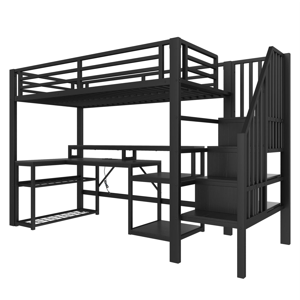 OKWISH Letto a soppalco 90×200 cm, Letto Singolo con Mensole, Scala contenitore, LED Regolabile e USB, senza Materasso, Nero