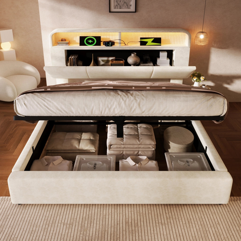 OKWISH Letto Contenitore 180×200 cm, Letto Matrimoniale con Testiera Regolabile, LED Regolabile, USB e Tipo C, senza Materasso, in Velluto, Beige