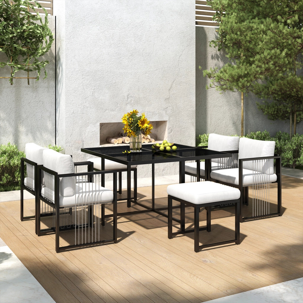 Set tavolo e sedie da giardino 6 posti 117x117 cm in vetro temperato nero