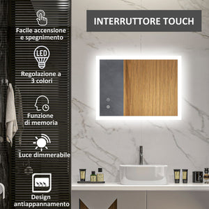 Specchio Bagno con Luci LED  3 Tonalità 70x50 cm Controllo Touch e Design Antiappannamento