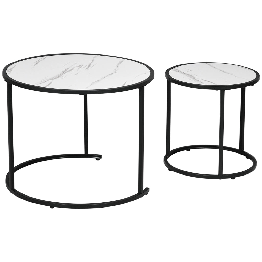 Set 2 Tavolini da Caff¨¨ Rotondi Impilabili ¨C Xylo ¨C Effetto Marmo Bianco ?60x46 cm e ?40x40 cm