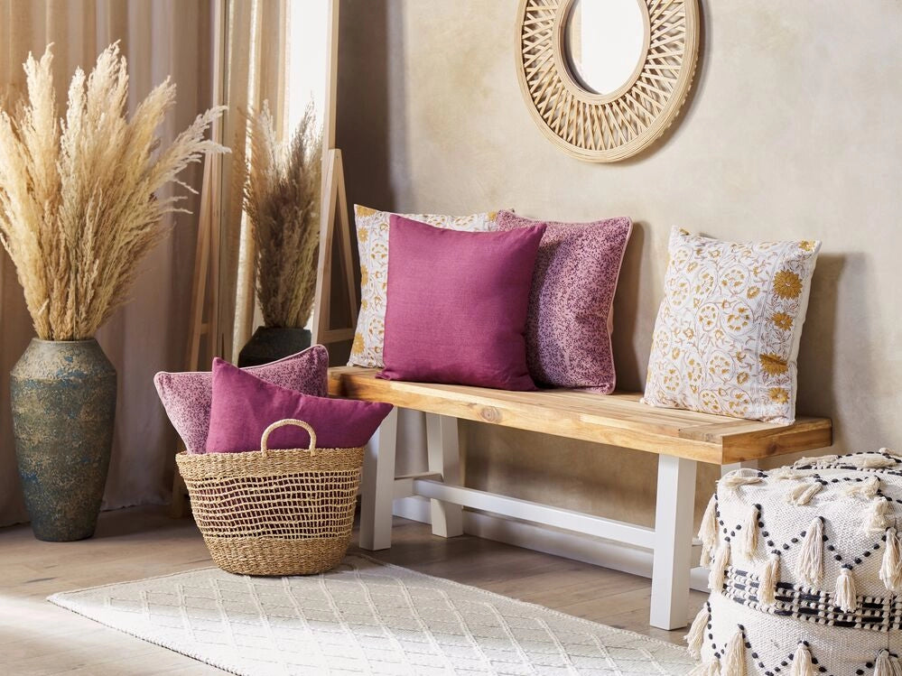 Cuscino decorativo cotone bianco e giallo 45 x 45 cm motivo floreale fatto a mano rivestimento sfoderabile con imbottitura boho style