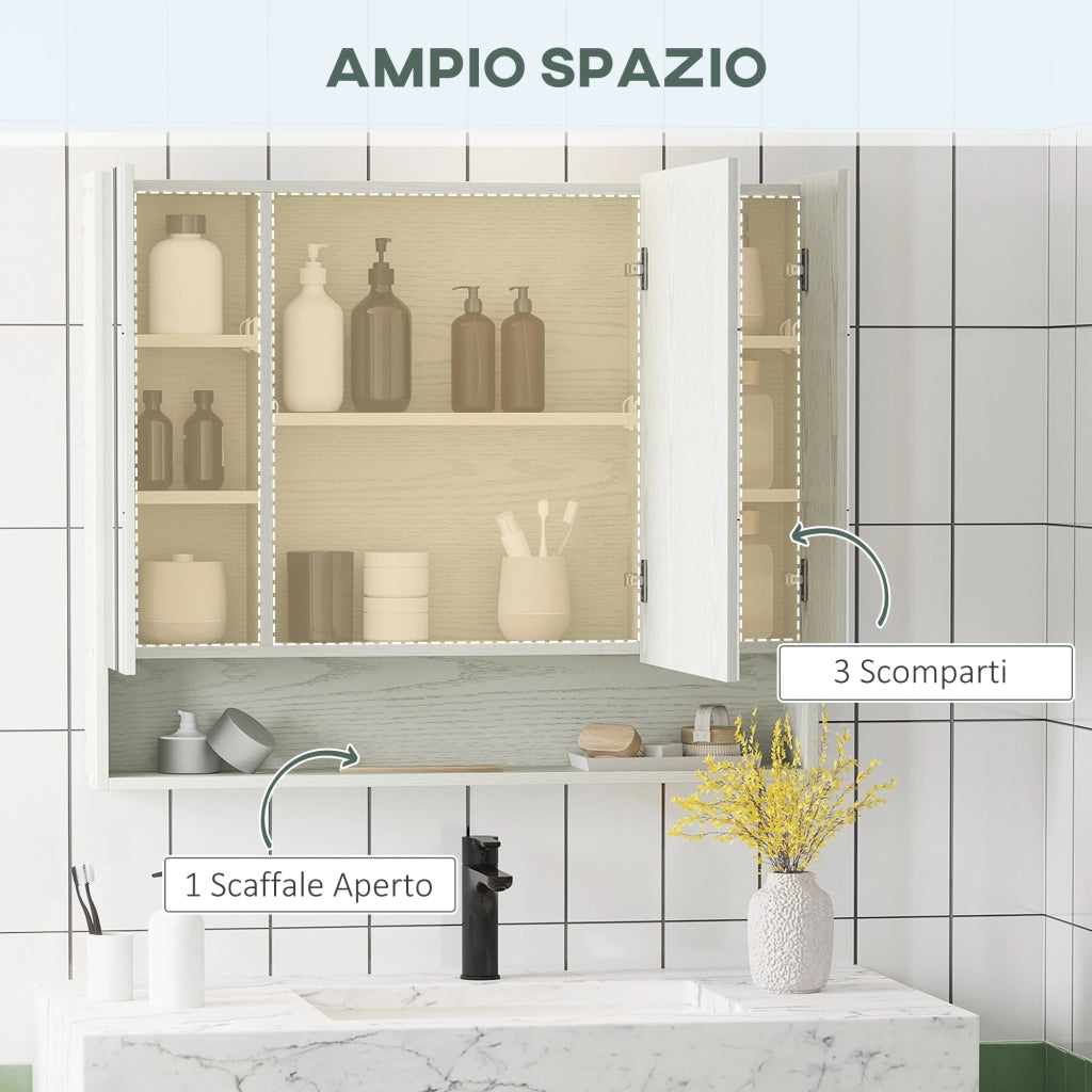 EasyComfort Armadietto Moderno da Bagno con Specchio a 4 Sezioni con Ripiani Regolabili, a Parete in Legno e Vetro, 90x15x75 cm, Grigio