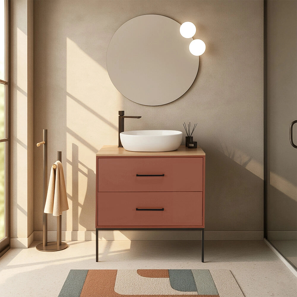 Mobile bagno sospeso 80cm terracotta con due cassetti e specchio Brik