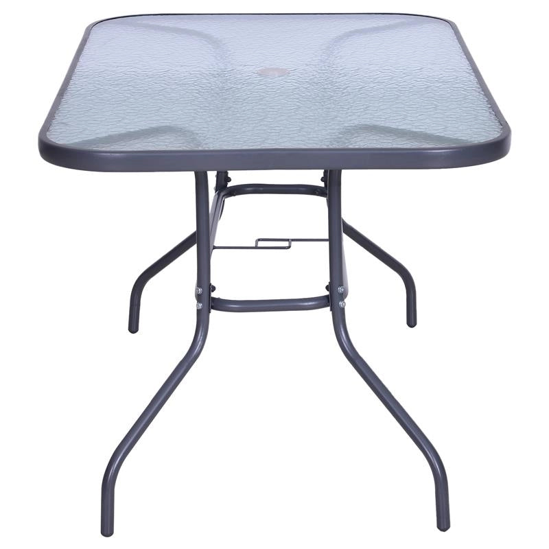 TAVOLO DA ESTERNO IN METALLO E VETRO TEMPERATO CON FORO PER OMBRELLONE 140X80X70CM
