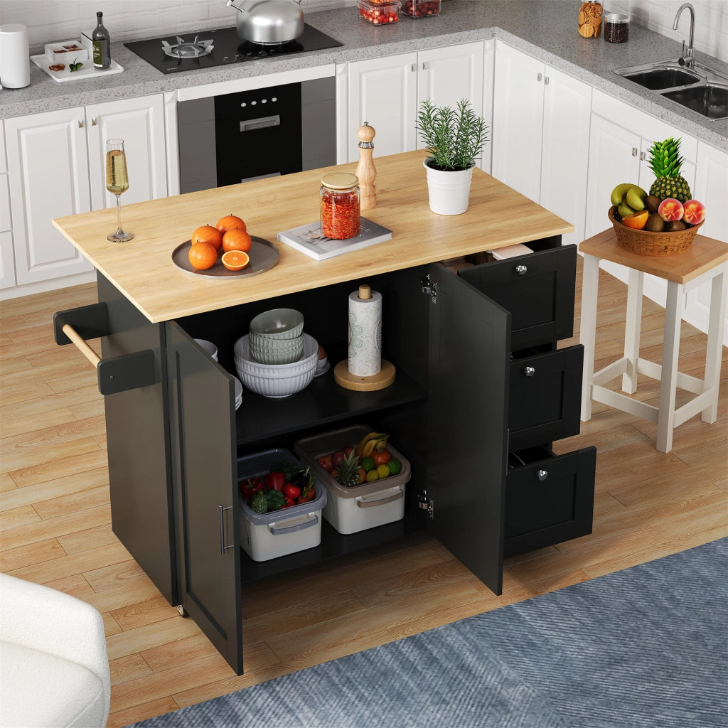 Carrello cucina mobile pieghevole con piano effetto rovere, 3 cassetti, armadio a 2 ante, ruote frenanti