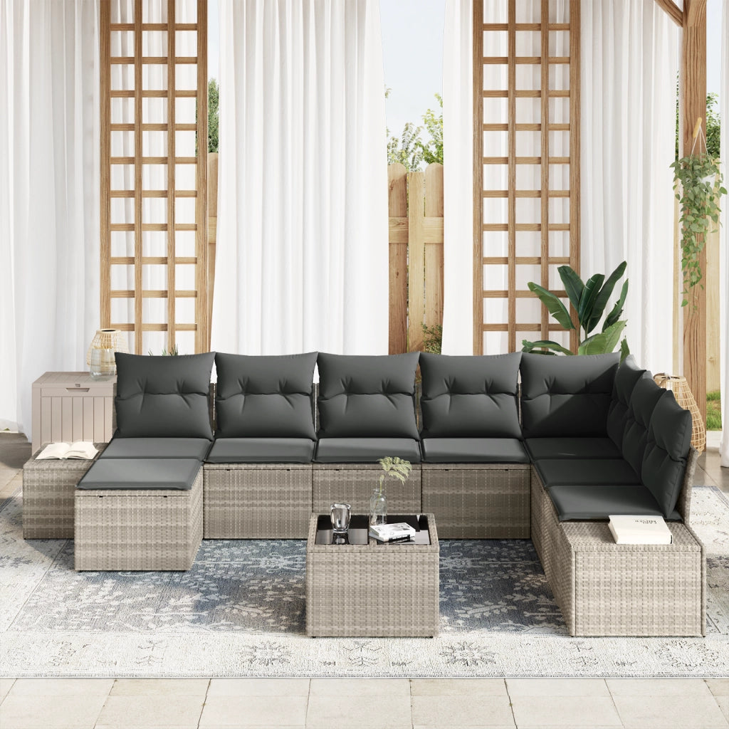 Set di divano da giardino con cuscini grigi in polirattan