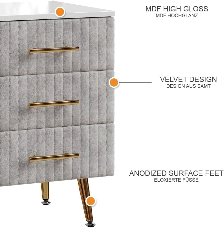 Comodino Velia, Grigio, 41 x 62 cm Set di 2