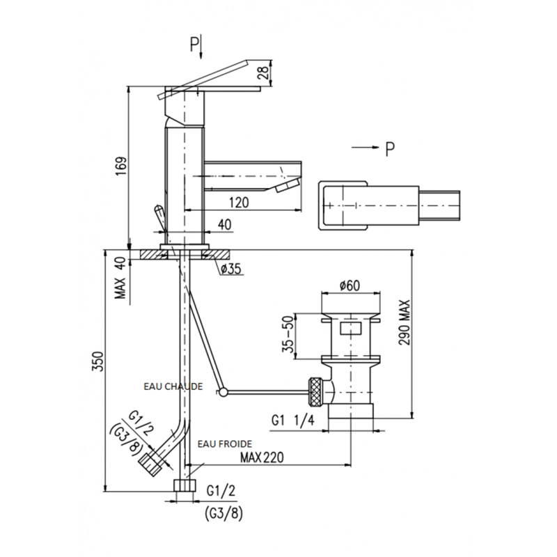 Miscelatore lavabo LOIRA con sifone in ottone dorato