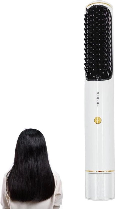 Stijltang a Ionica con Spazzola a Calore Senza Fili Ricaricabile - 3 Nivei di Temperatura - Spazzola per Capelli da Viaggio USB - Antiscottura - Portatile - Perla Bianca