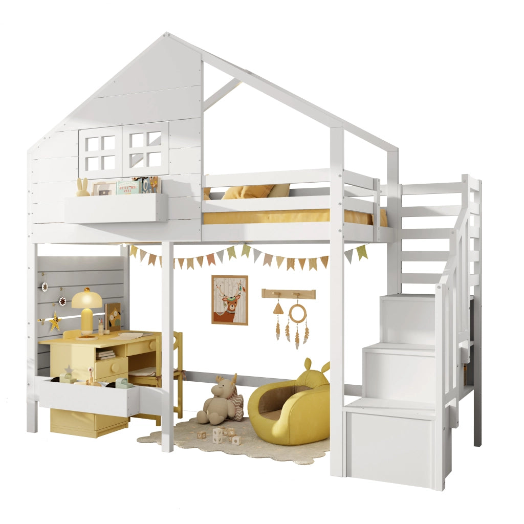 Letto a castello per bambini 90x200 cm in legno di pino massiccio, con finestra, scala contenitore e vani portaoggetti, bianco