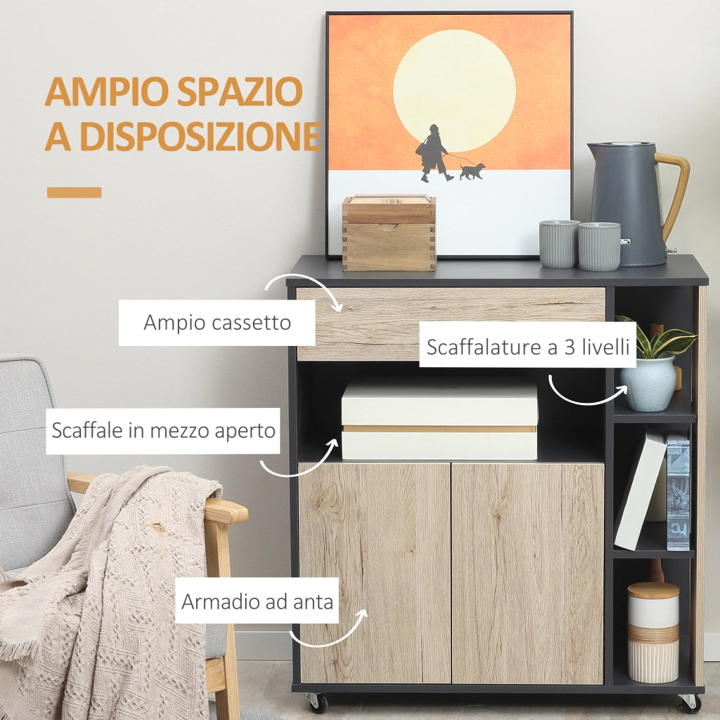 EasyComfort Carrello da Cucina Multiuso con Cassetto, Armadietto e Scaffale, 80x39x86.5cm, Legno e Nero