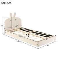 Letto imbottito con testiera a forma di coniglio, letto per bambini con doghe in legno, senza materasso, 90×200 cm, Beige