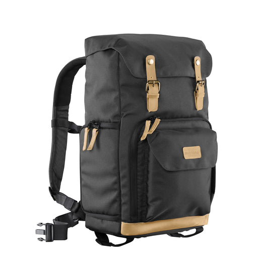 Mantona Luis Retro Zaino fotografico (con applicazioni in vera pelle, copertura antipioggia,per laptop, adatto per 1 fotocamera DSLR, 3 obiettivi e vari accessori fotografici) nero