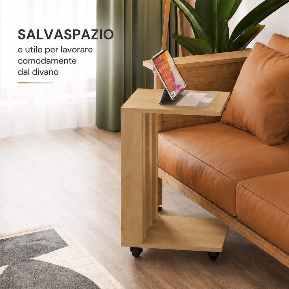 Tavolino Ausiliario con Ruote Design Moderno Mobile Letto Divano Colore Quercia
