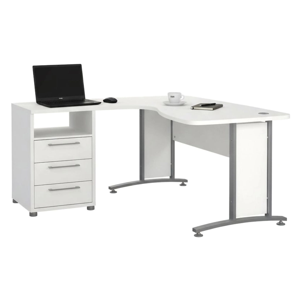 Scrivania Estong, Scrittoio multiuso, Tavolo per ufficio porta PC, Piano di lavoro, 159x150 h75 cm, Bianco e Grigio