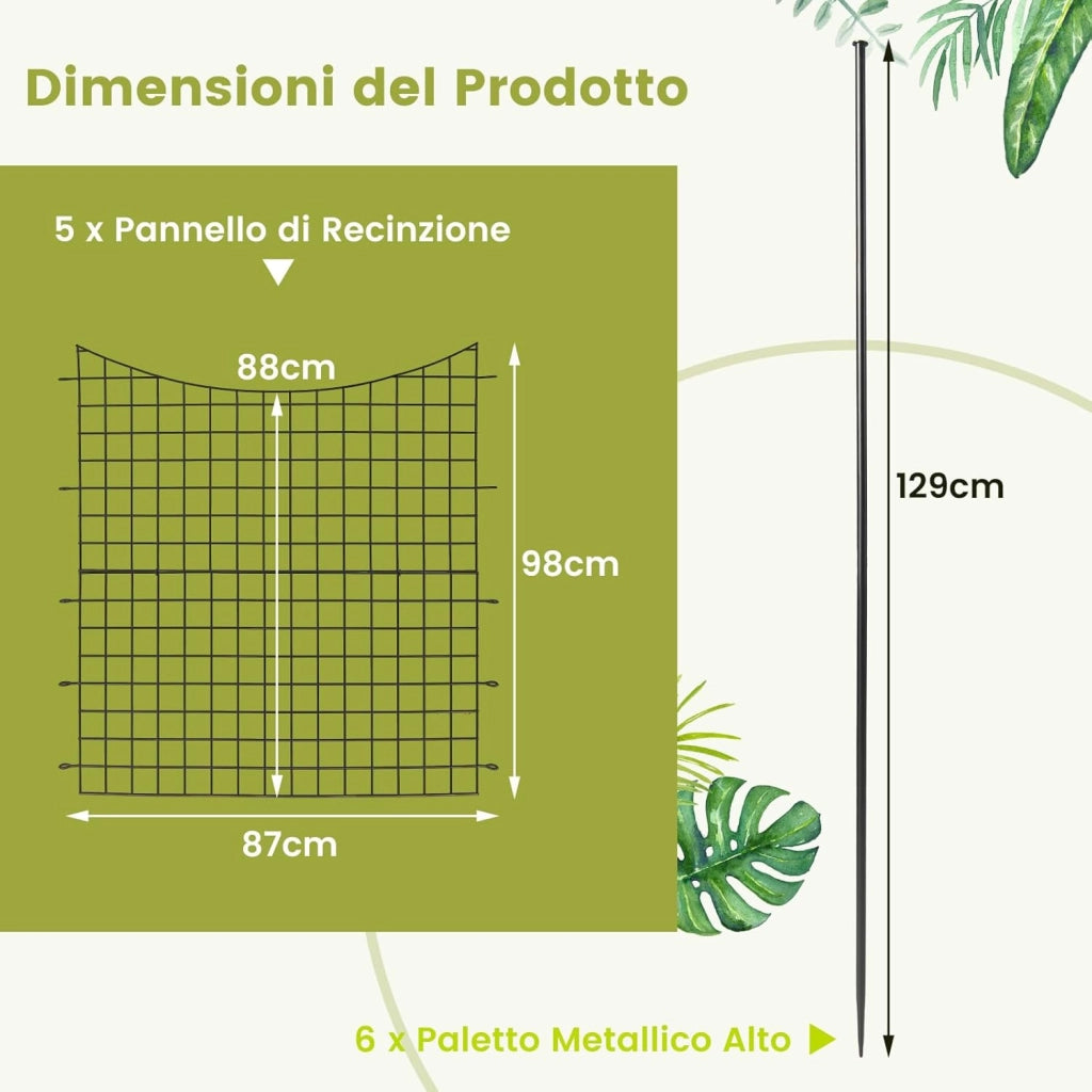 Recinzione da Giardino con 5 Pannelli e 5 Picchetti, Recinto per Aiuole 98 CM in Metallo Verniciato a Polvere Antiruggine, Pannelli per Recinzioni da Giardino, Orto ed Aiuole