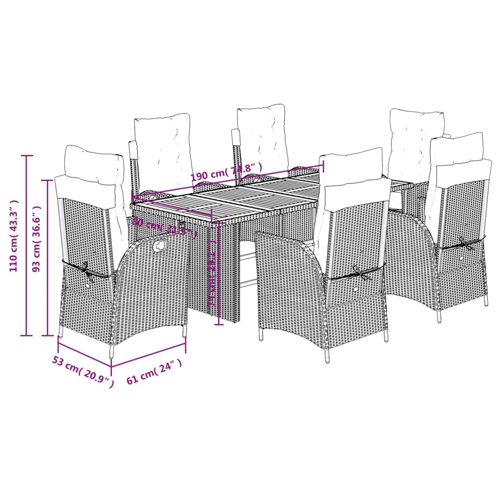 Set da Pranzo da Giardino 7 pz con Cuscini in Polyrattan Grigio