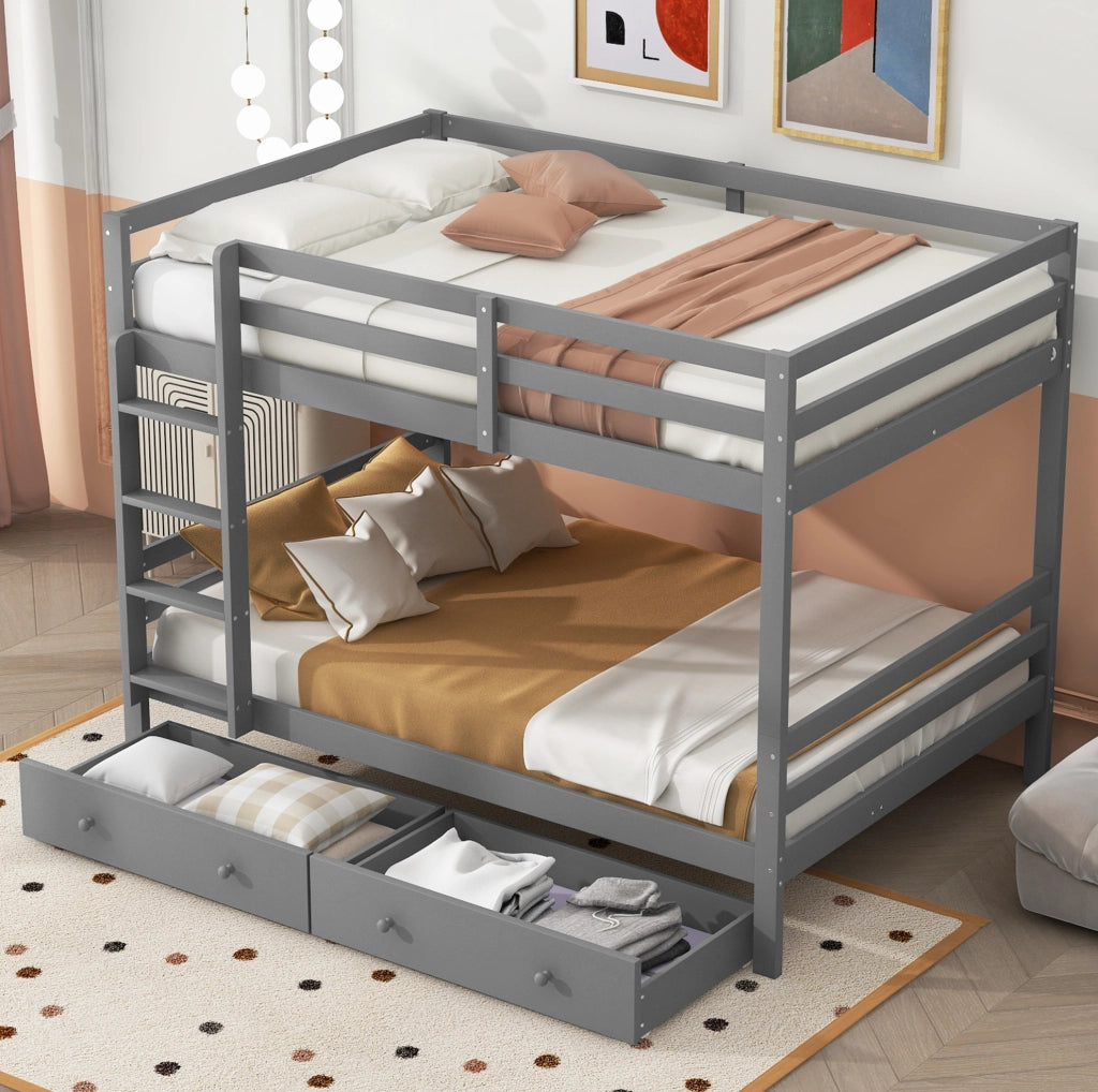 Letto a castello in legno con cassetti e scala, 140x200 cm, grigio