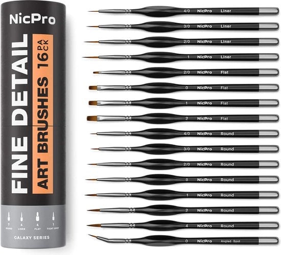 Set di pennelli per dettagli fini, set di 16 pennelli, pittura per artisti professionali per acrilico, aquarello, olio, pittura al numero, miniatura, design unghie, dettagli pittura con borsa