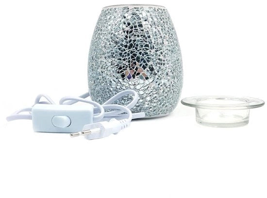 Luminaria a forma di candela realizzata con vetro mosaicato - Fiamma e diffusore di olio - Manufatto artigianale - Argento - Decorazione per la casa - Design mosaic unico