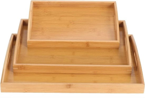 Set di 3 piatti di bambù con manico, piatti di legno, 3 misure, grande, medio, piccolo, piatti di legno per caffè, cibo, tè, colazione, cena, cucina, ristorante