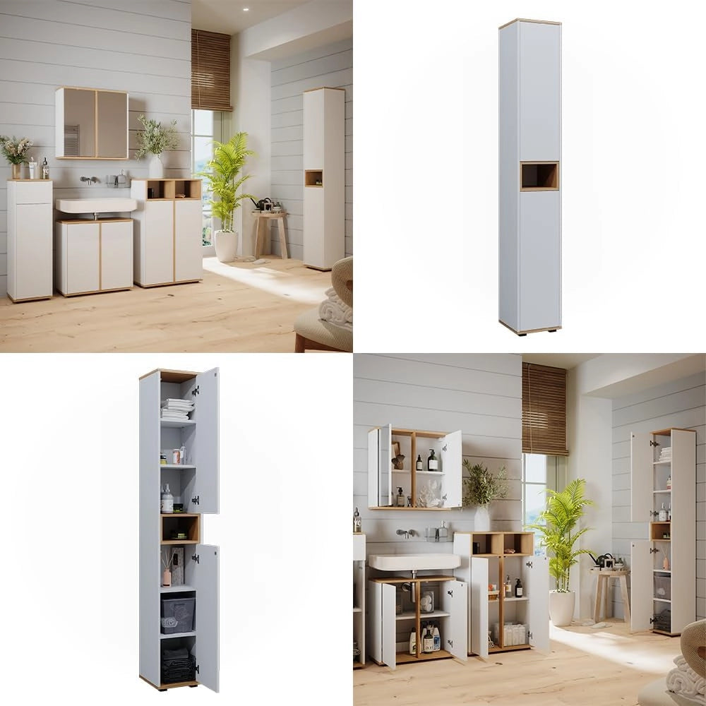 Armadio per il bagno Didi, Bianco/Artisan, 30 x 192 cm con 2 porte, per la conservazione di articoli da bagno e prodotti per la cura personale