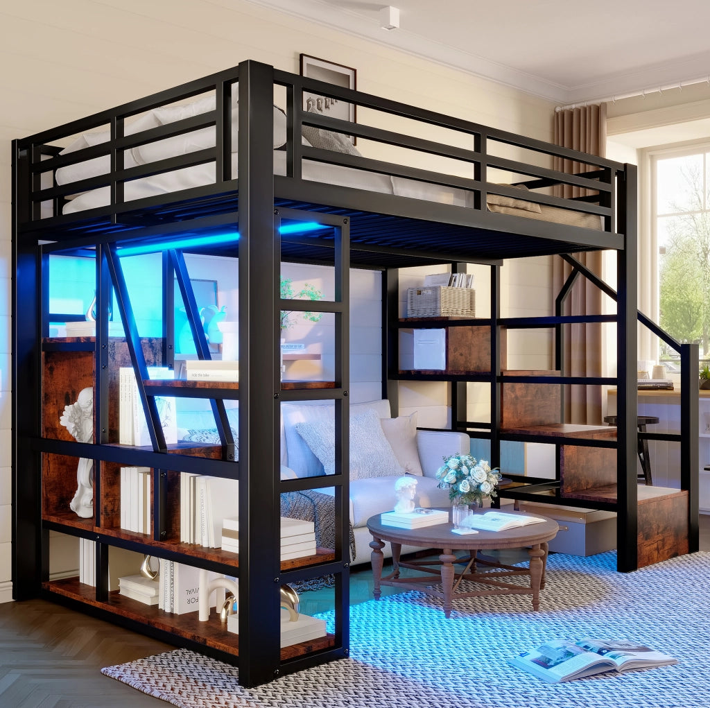 Letto a soppalco 140x200 cm con LED; scaffali e scala contenitore in metallo e MDF nero