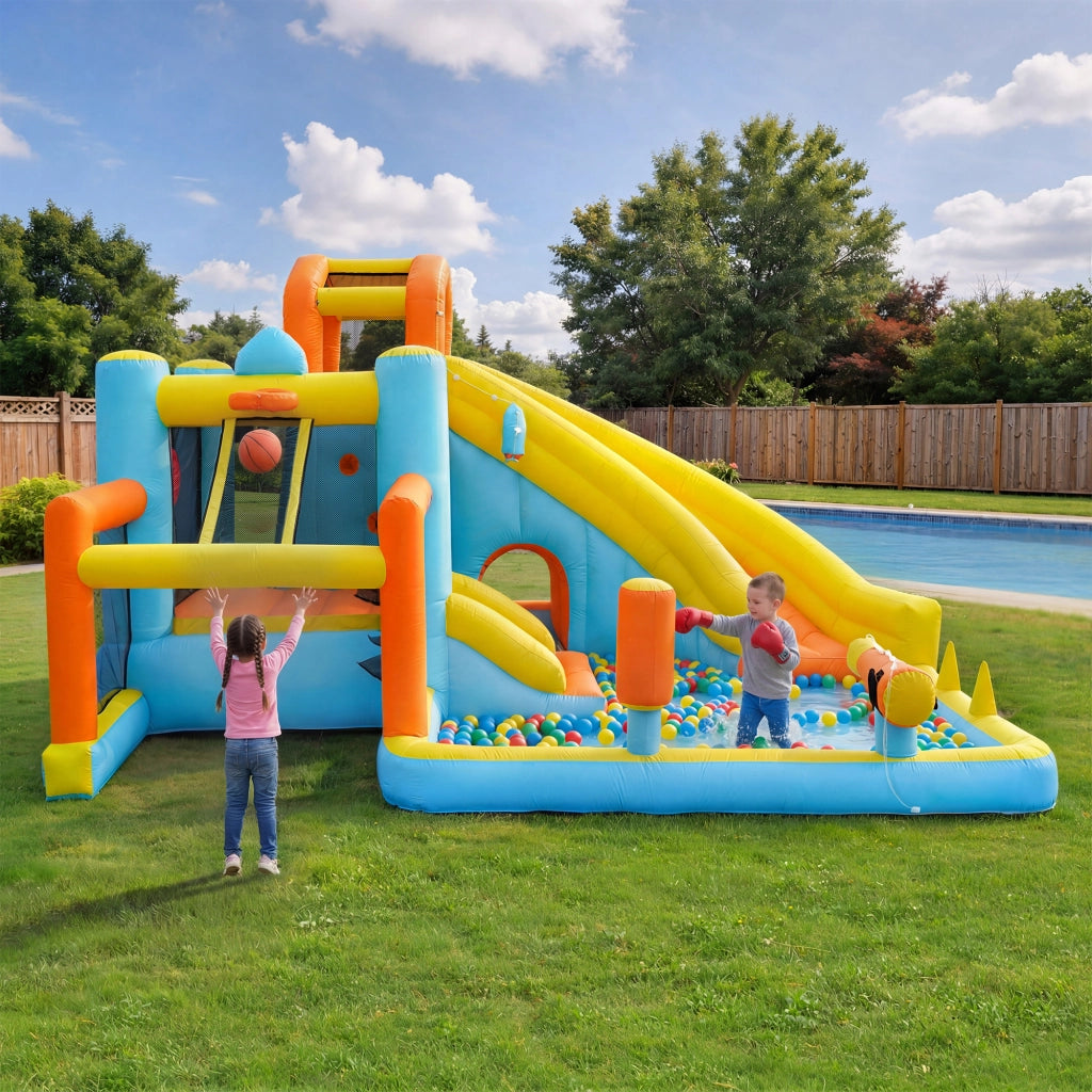 Castello gonfiabile con scivolo, piscina, campo da calcio e canestro in tessuto oxford colorato 360 × 320 × 200 cm