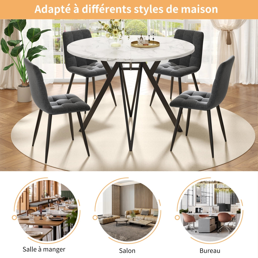 Tavolo da pranzo rotondo per 4 persone con piedi regolabili, finitura effetto marmo, in MDF, nero, 100 × 100 × 76 cm