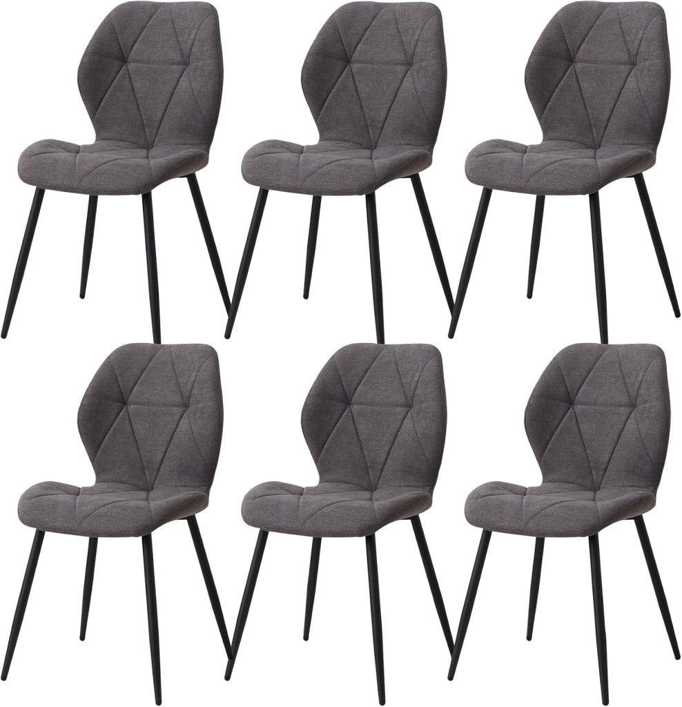 GrandCA HOME Set di 6 Sedie da Pranzo, Sedie da Pranzo Imbottite, Sedie da Cucina Nordiche con Gambe in Metallo, Cuscini in Tessuto a Rombi,Grigio scuro-R