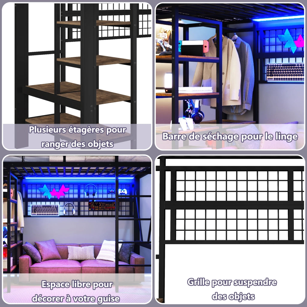 Letto a soppalco singolo 90×200 cm con LED; ripiano e appendiabiti; senza materasso; metallo; nero