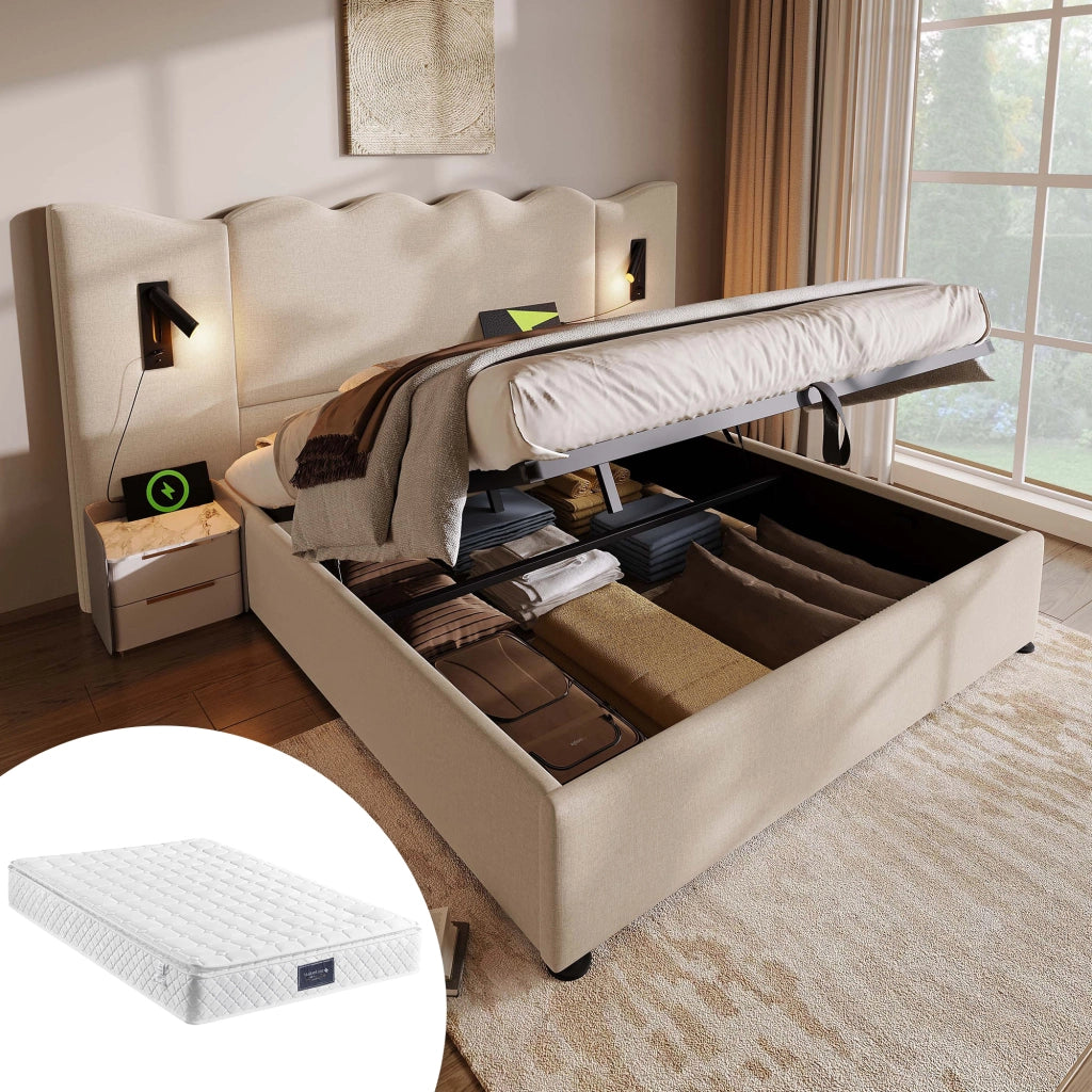 LETTO Contenitore 160x200 cm Beige in lino con lampada, USB Type-C e materasso incluso