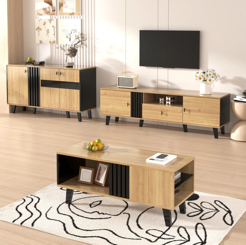 Sideboard 140x78,5x41 cm in legno e nero con LED, ripiani interni e porta a vetro