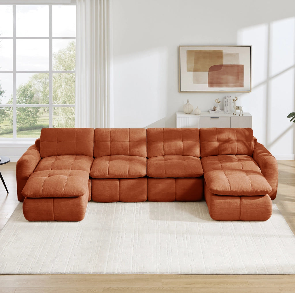 Divano modulare in ciniglia arancione; 334 x 160 x 68 cm