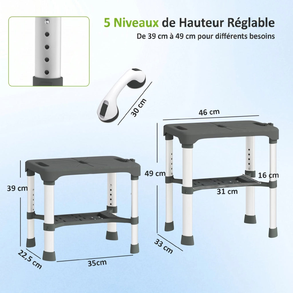 Sgabello da Doccia Regolabile con Ripiano Integrato e Barra di Supporto ¨C Xylo ¨C Grigio