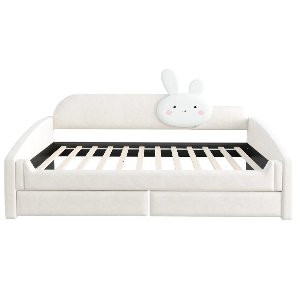 Letto imbottito 90x200 cm con cassetti e LED in velluto beige