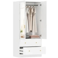 Armadio con specchio, 2 ante, 2 cassetti e asta appendiabiti, 80 x 50 x 180 cm, bianco