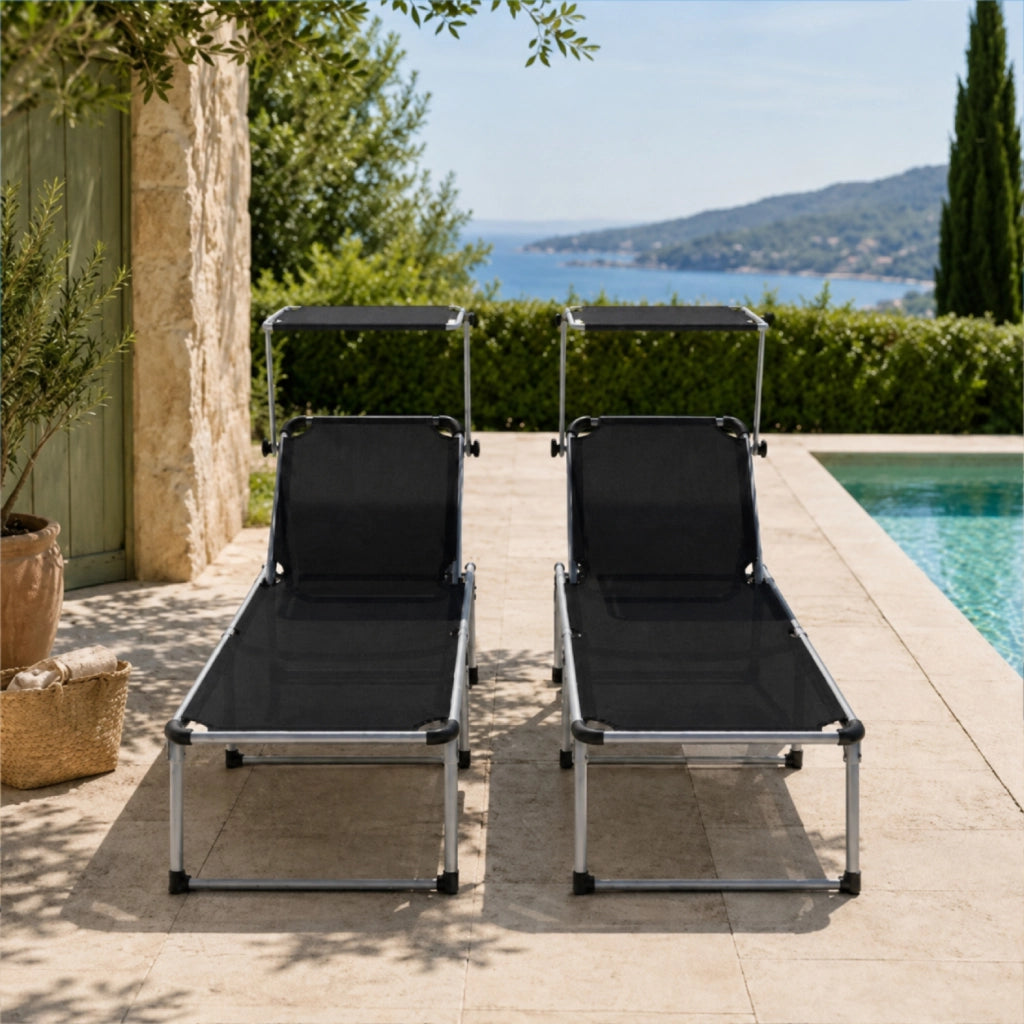 Coppia Di Lettini Pieghevole Prendisole Con Tettuccio Parasole Schienale Reclinabile Regolabile 6 Posizioni Struttura In Alluminio Sedia Sdraio Mare Spiaggia Giardino Piscina Relax 187 x 59 x 29 Cm (Nero)