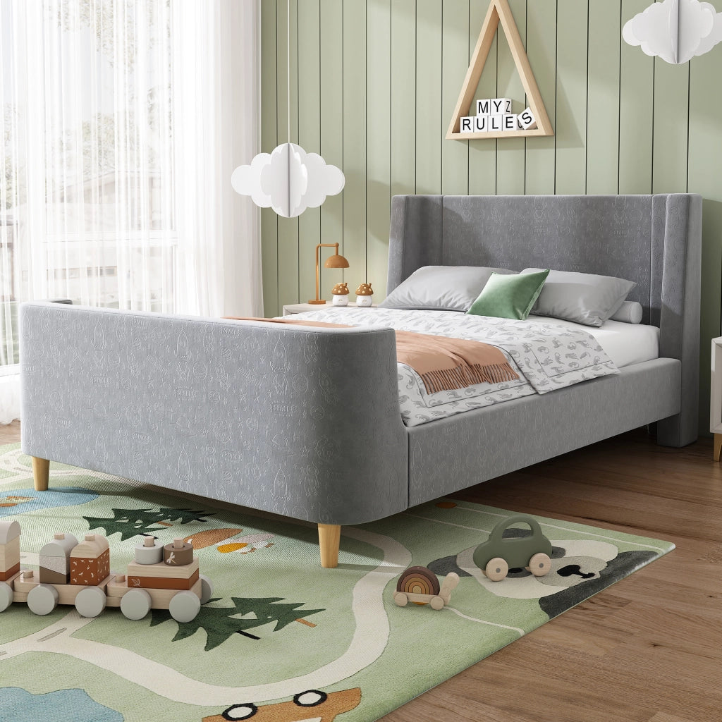 LETTO Bambini a slitta 90x200 cm in velluto grigio con motivo spaziale