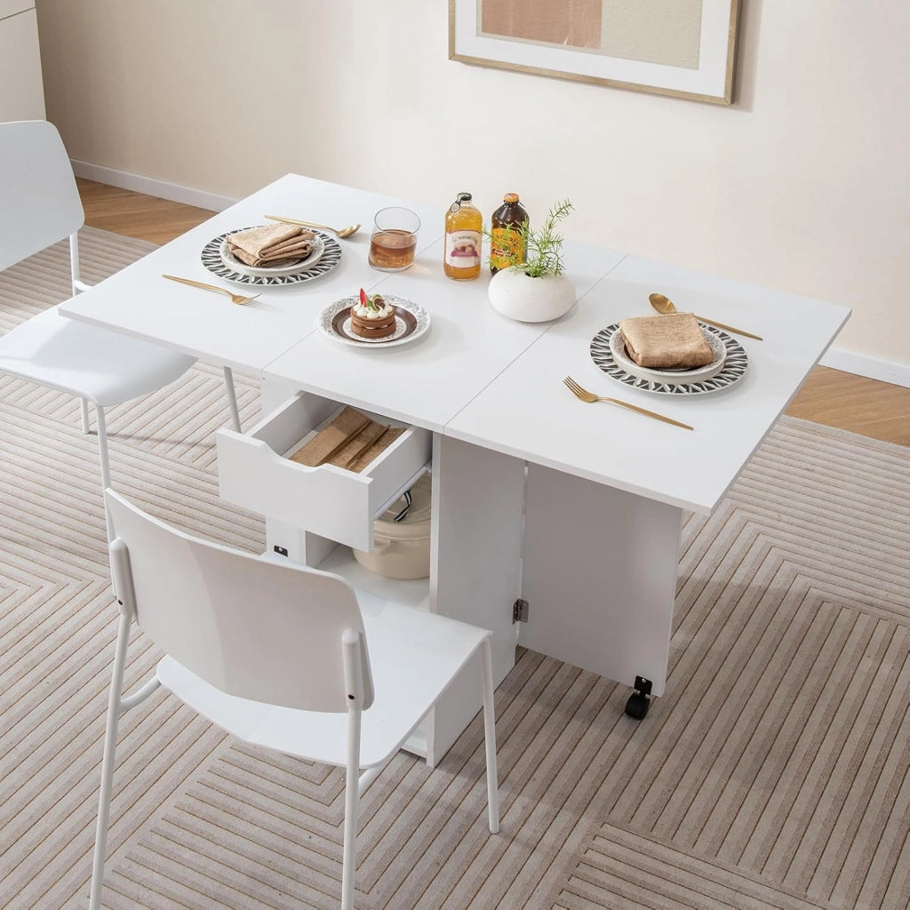 Tavolo da Pranzo Pieghevole, Tavolo Salvaspazio per 4-6 Persone con 2 Ripiani, Cassetto e Ruote a Freno, Tavolino Cucina per Soggiorno, Cucina e Ufficio (Bianco, 34-120 x 72 x 75 cm)